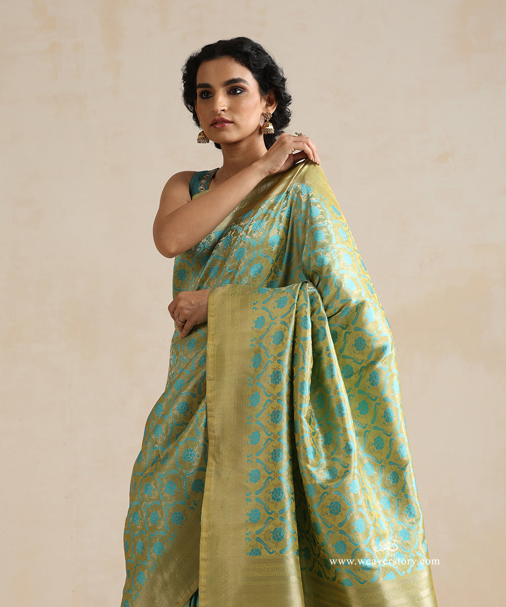 Handloom_Parrot_Green_Pure_Satin_Silk_Tanchoi_Banarasi_Saree_With_Turquoise_Meena_Shikargah_Motifs_WeaverStory_02