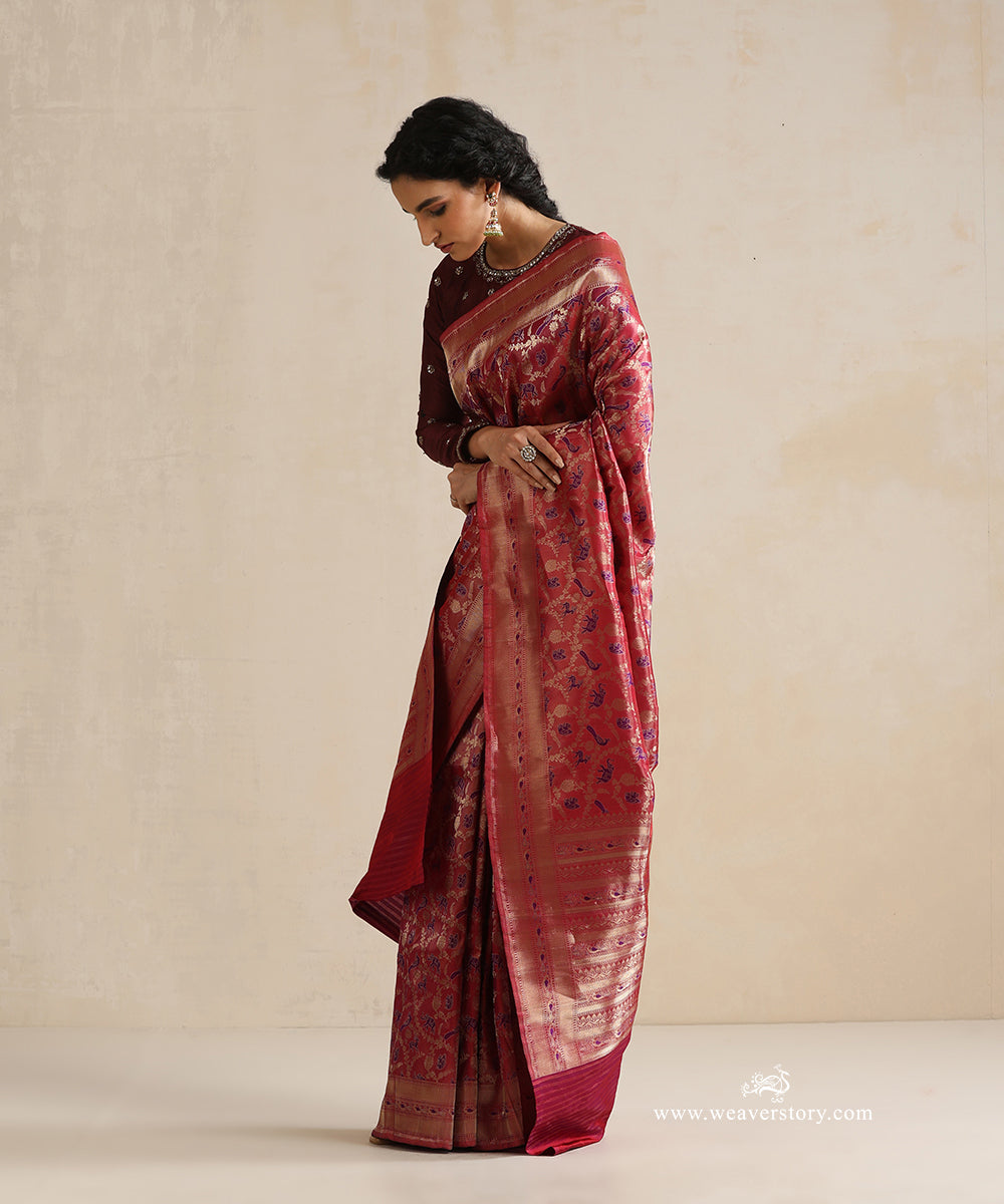 Handloom_Viva_Magenta_Pure_Satin_Silk_Banarasi_Tanchoi_Saree_With_Purple_Shikargah_Meena_WeaverStory_01