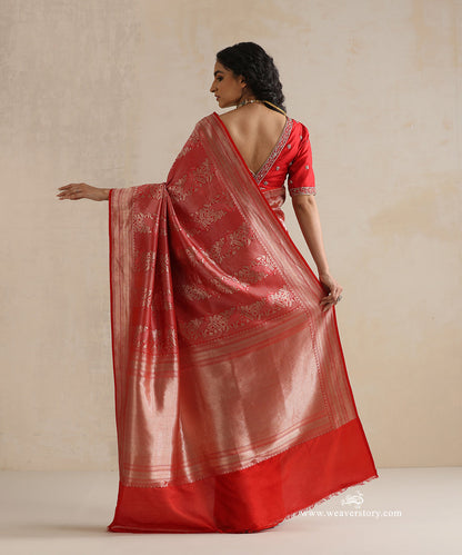 Handloom_Red_Pure_Soft_Pure_Katan_Silk_Kimkhab_Kimkhab_Banarasi_Saree_With_Peacock_And_Saffron_Jaal_WeaverStory_03