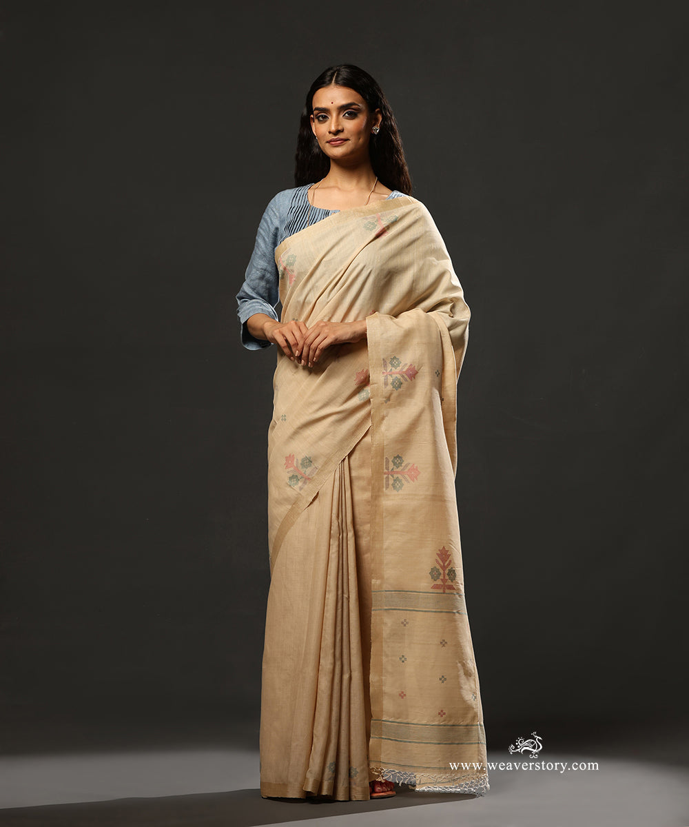 Pale_Sand_Handloom_Pure_Tussar_Dhakai_Jamdani_Saree_With_Flower_Border_WeaverStory_01