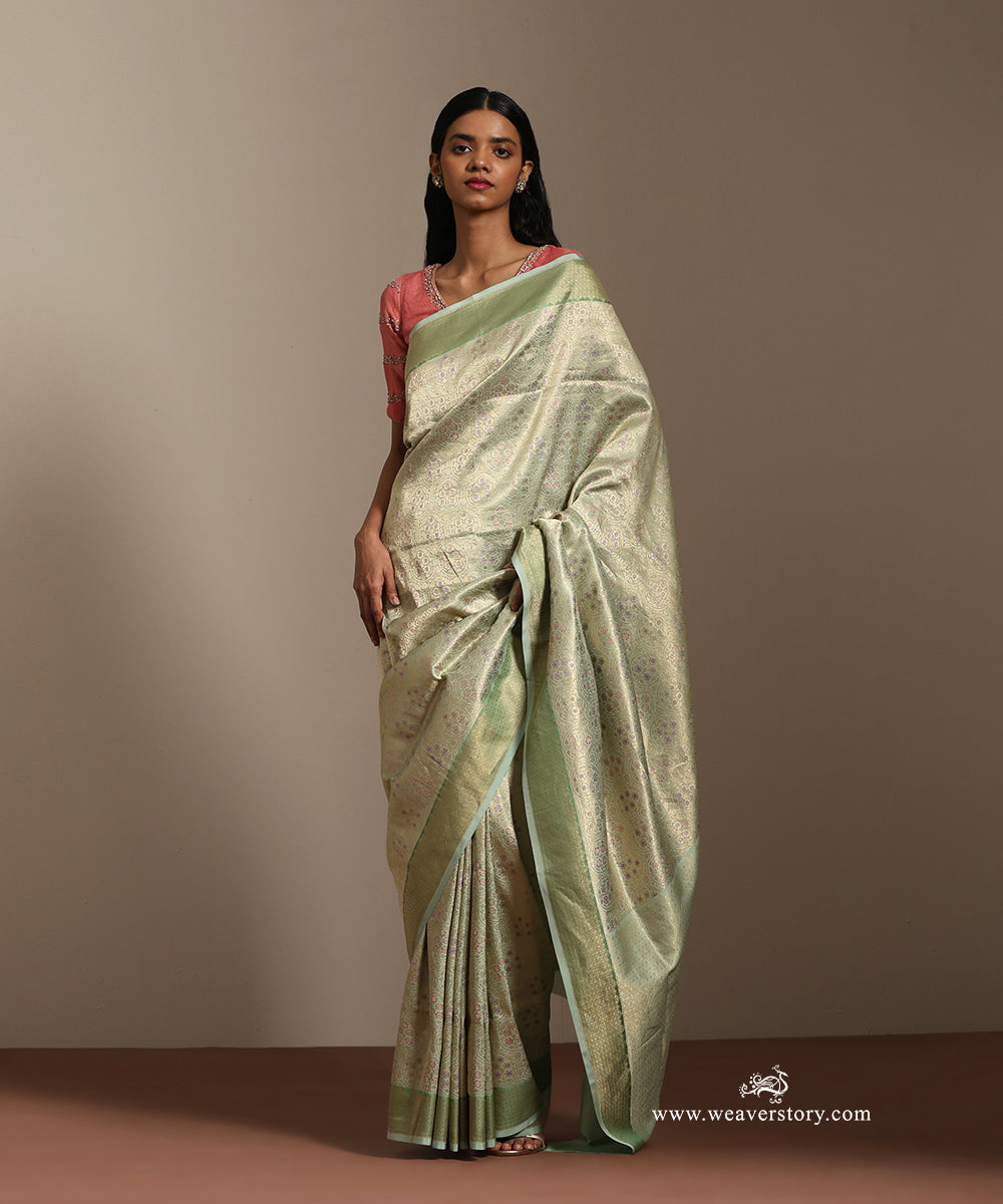 Saga_Green_Handloom_Pure_Soft_Katan_Silk_Banarasi_Saree_Kimkhab_Saree_With_Floral_Meena_Jall_And_Contrast_Border_WeaverStory_01