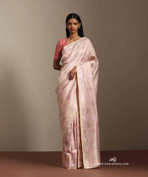 Baby Pink Handloom Pure Soft Katan Silk Banarasi Kimkhab Saree With Allover Meena Jaal And Floral Border