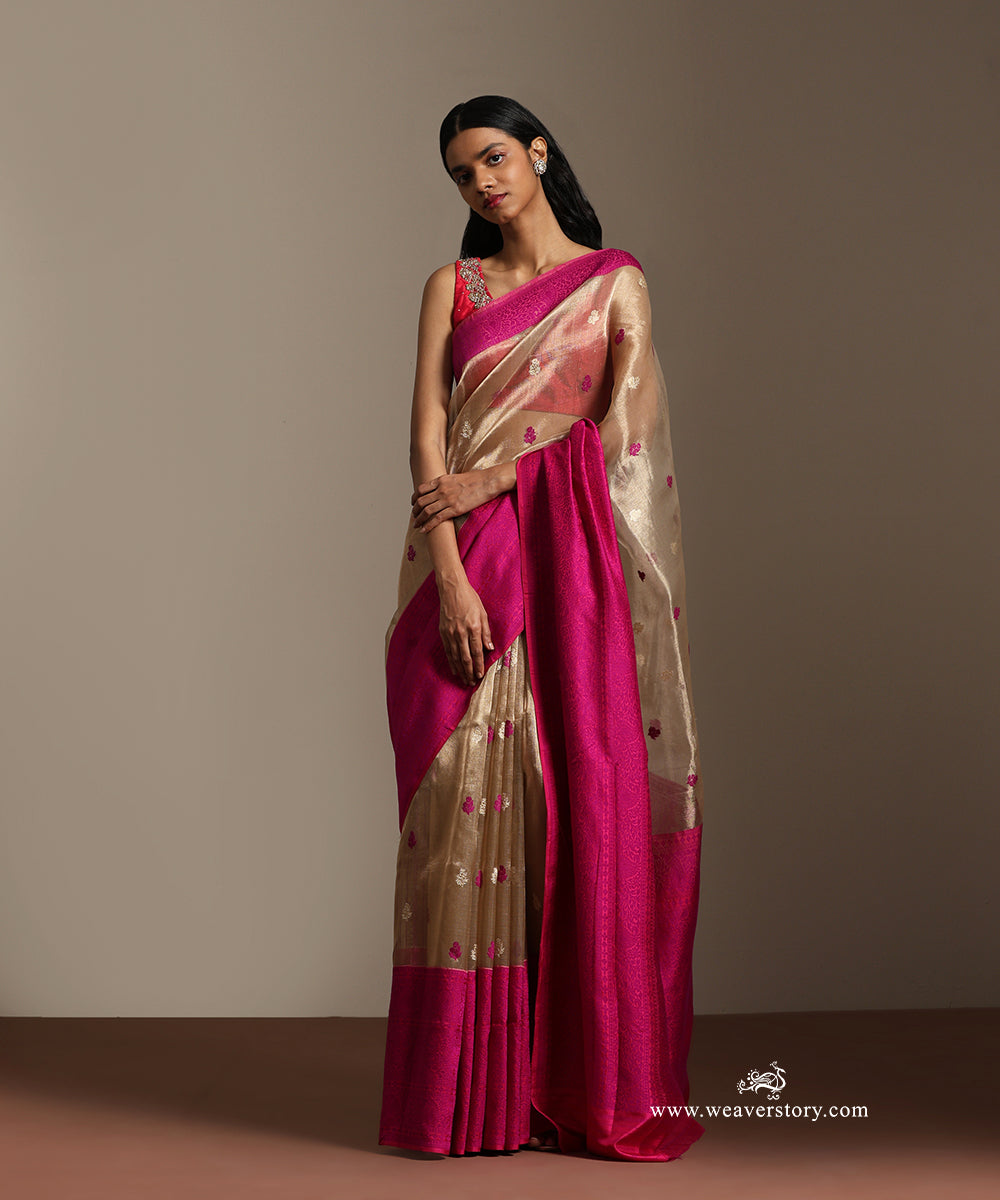 Gold_Handloom_Pure_Kora_Tissue_Silk_Banarasi_Boota_Saree_With_Resham_Silk_Border_WeaverStory_01