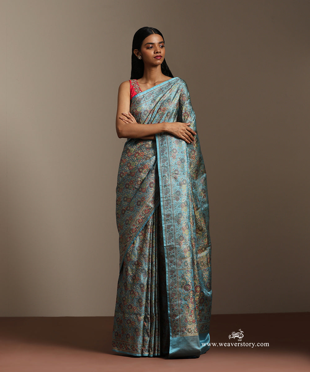 Ice_Blue_Handloom_Pure_Katan_Silk_Tanchoi_Jamawar_Saree_With_Allover_Multi_Colour_Floral_Jall_WeaverStory_01