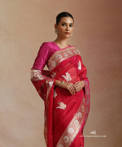 Rani_Pink_Pure_Kora_Silk_Banarasi_Saree_With_Kadhwa_Leaf_Boota_With_Gold_And_Silver_Flowers_Bel_WeaverStory_01