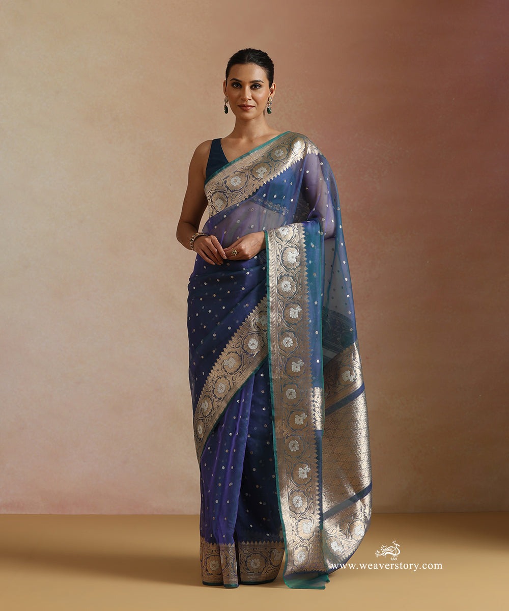Peocock_Blue_Pure_Kora_Silk_Banarasi_Saree_With_Kadhwa_Sona_Rupa_Booti_WeaverStory_02