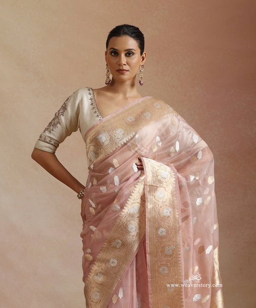 Baby Pink Pure Kora Silk Banarasi Saree With Kadhwa Sona Rupa Boota With Floral Border
