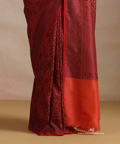 Orange_And_Blue_Handloom_Pure_Katan_Silk_Resham_Tanchoi_Banrasi_Saree_With_Flower_Jall_And_Red_Selvedge_WeaverStory_04