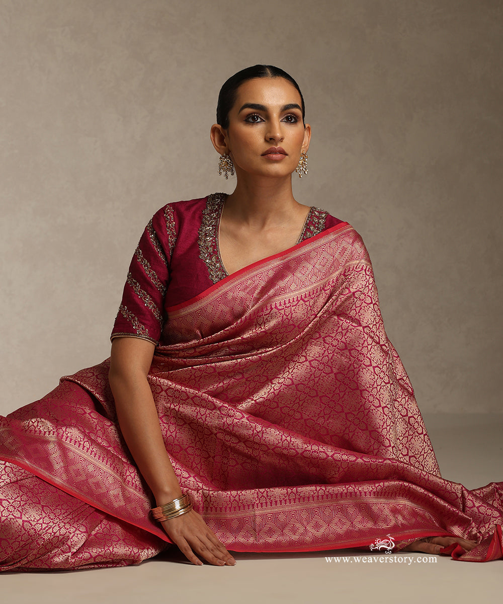 Pink_Handloom_Pure_Katan_Silk_Kimkhab_Banarasi_Saree_With_Orangish-Red_Selvedge_WeaverStory_02