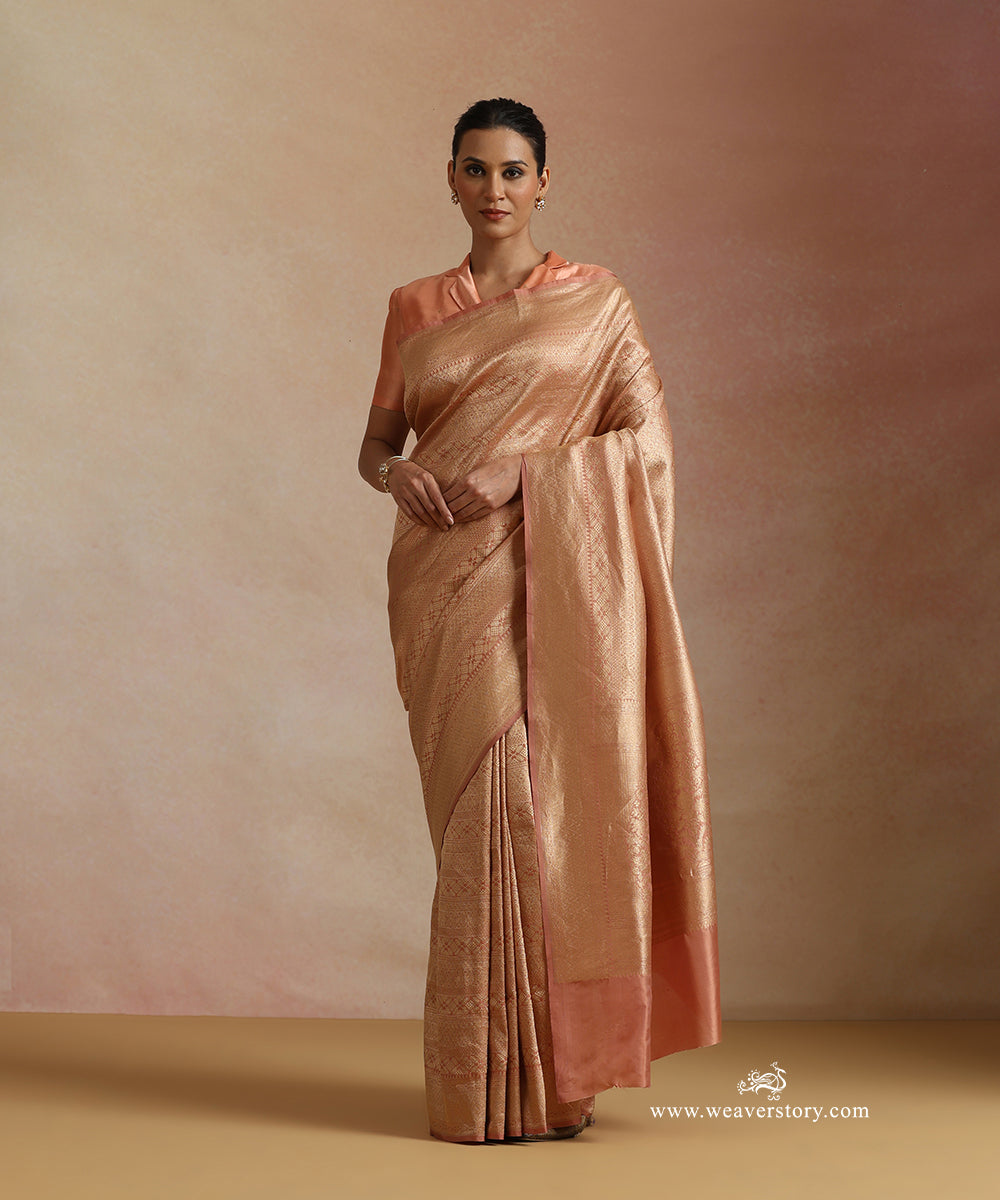Peach Handloom Pure Katan Silk Kimkhab Banrasi Saree With Safron Border
