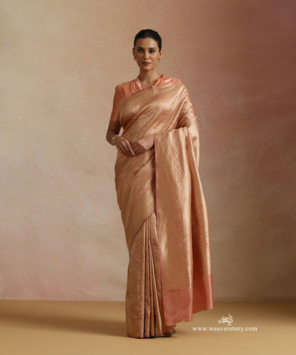 Peach Handloom Pure Katan Silk Kimkhab Banrasi Saree With Safron Border