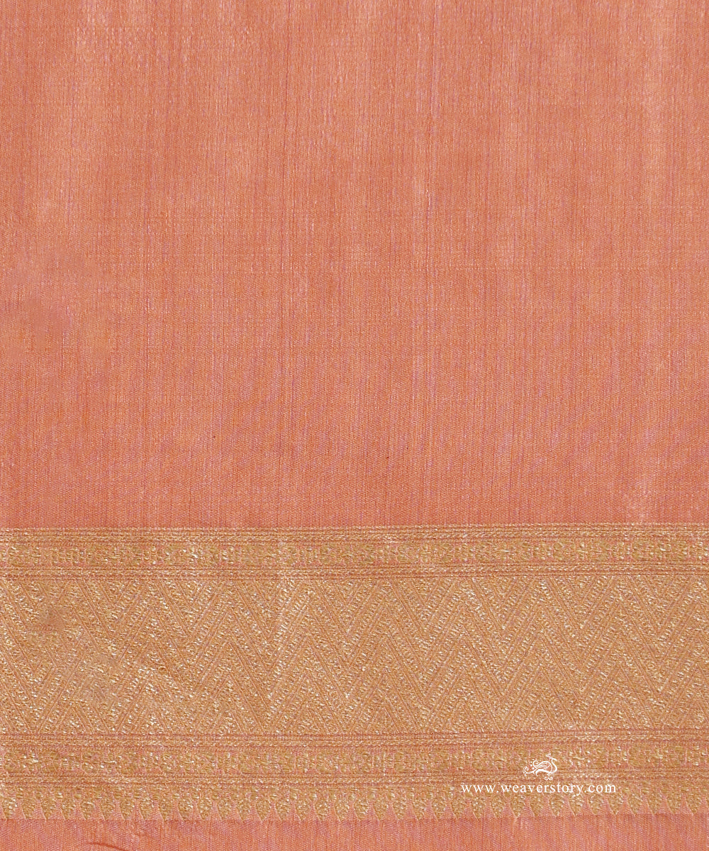 Peach Handloom Pure Katan Silk Kimkhab Banrasi Saree With Safron Border