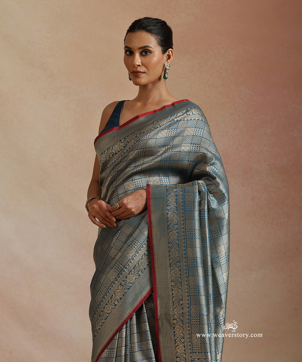 Teal_Handloom_Pure_Katan_Silk_Kimkhab_Banrasi_Saree_With_Zometric_Pattern_WeaverStory_01
