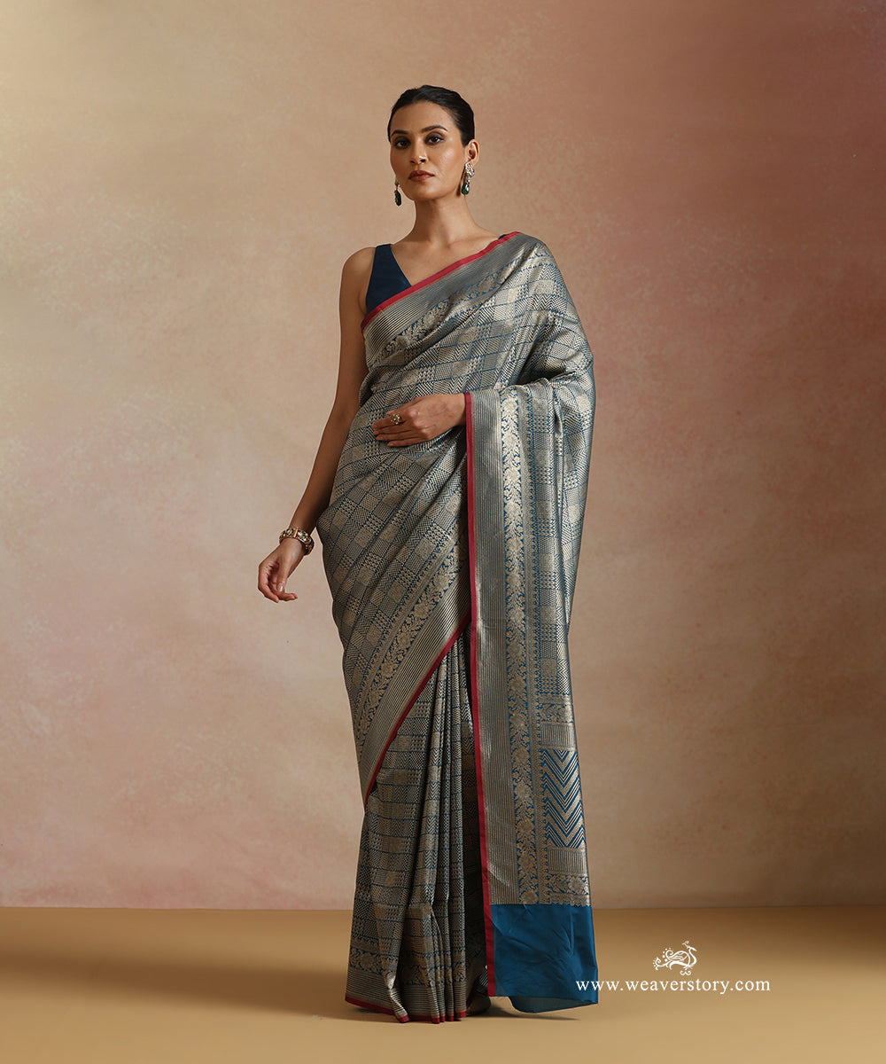 Teal_Handloom_Pure_Katan_Silk_Kimkhab_Banrasi_Saree_With_Zometric_Pattern_WeaverStory_02