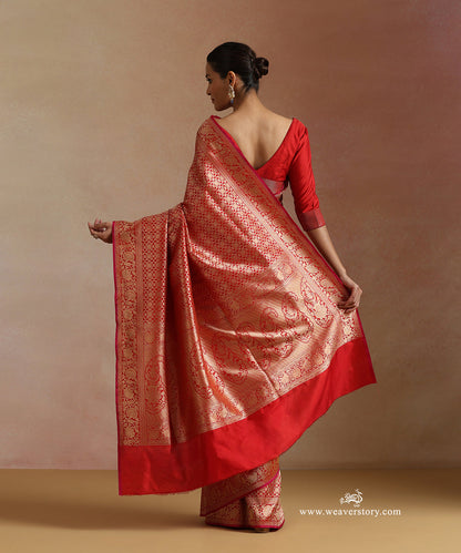 Red_Handloom_Pure_Katan_Silk_Kimkhab_Banrasi_Saree_With_Samll_Flower_WeaverStory_03