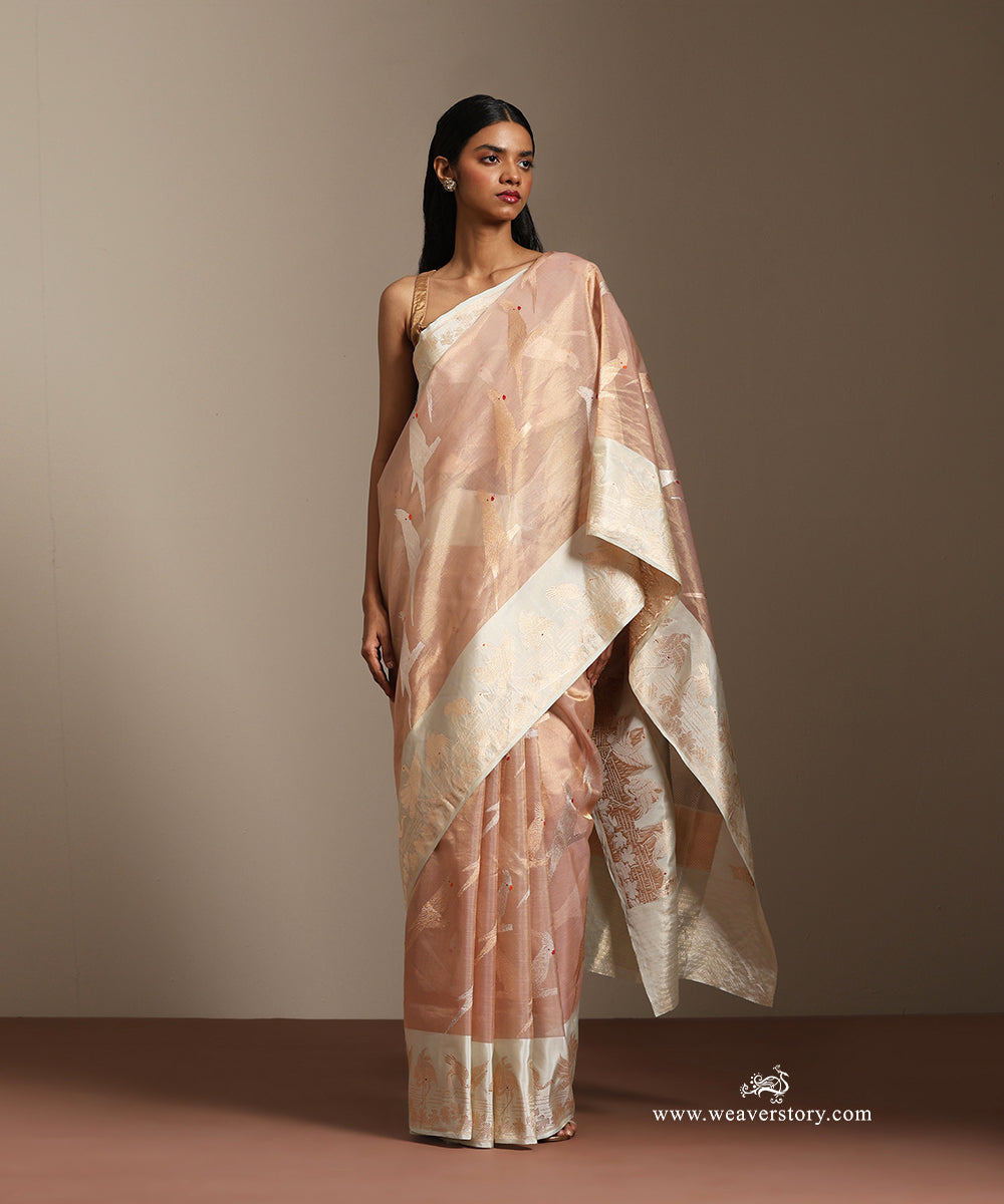 Soft Pink Handloom Pure Tissue Silk Cardinal Bird Motif Saree With Cra ...