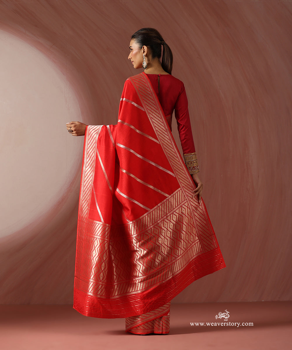 Red_Handloom_Pure_Katan_Silk_Saree_With_Gold_Silver_Stripes_WeaverStory_03