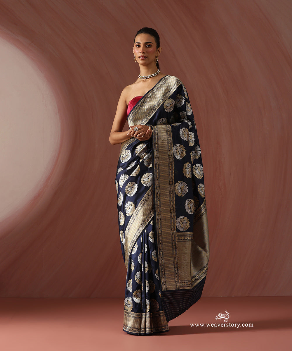 Navy_Blue_Handloom_Pure_Katan_Silk_Banarasi_Saree_With_Kadhwa_Birds_Boota_WeaverStory_01