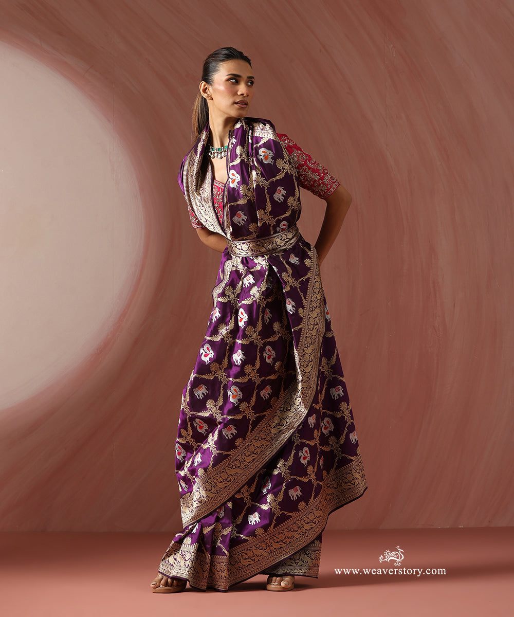 Purple_Handloom_Pure_Katan_Silk_Banarasi_Kadhwa_Jaal_Saree_With_Elephant_And_Peacock_Motifs_WeaverStory_01
