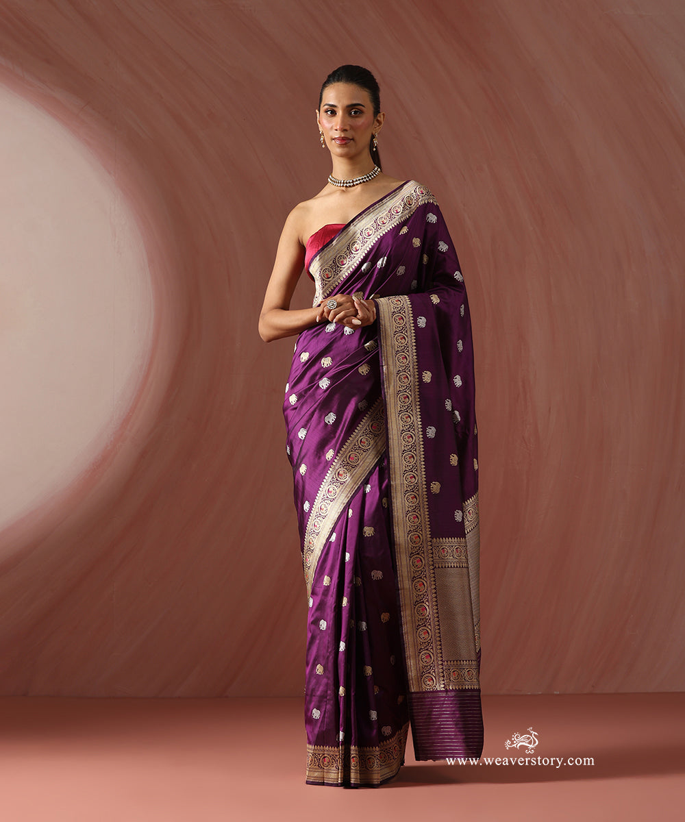 Purple_Handloom_Pure_Katan_Silk_Banarasi_Kadhwa_Saree_With_Elephant_Booti_And_Pink_Meena_WeaverStory_01