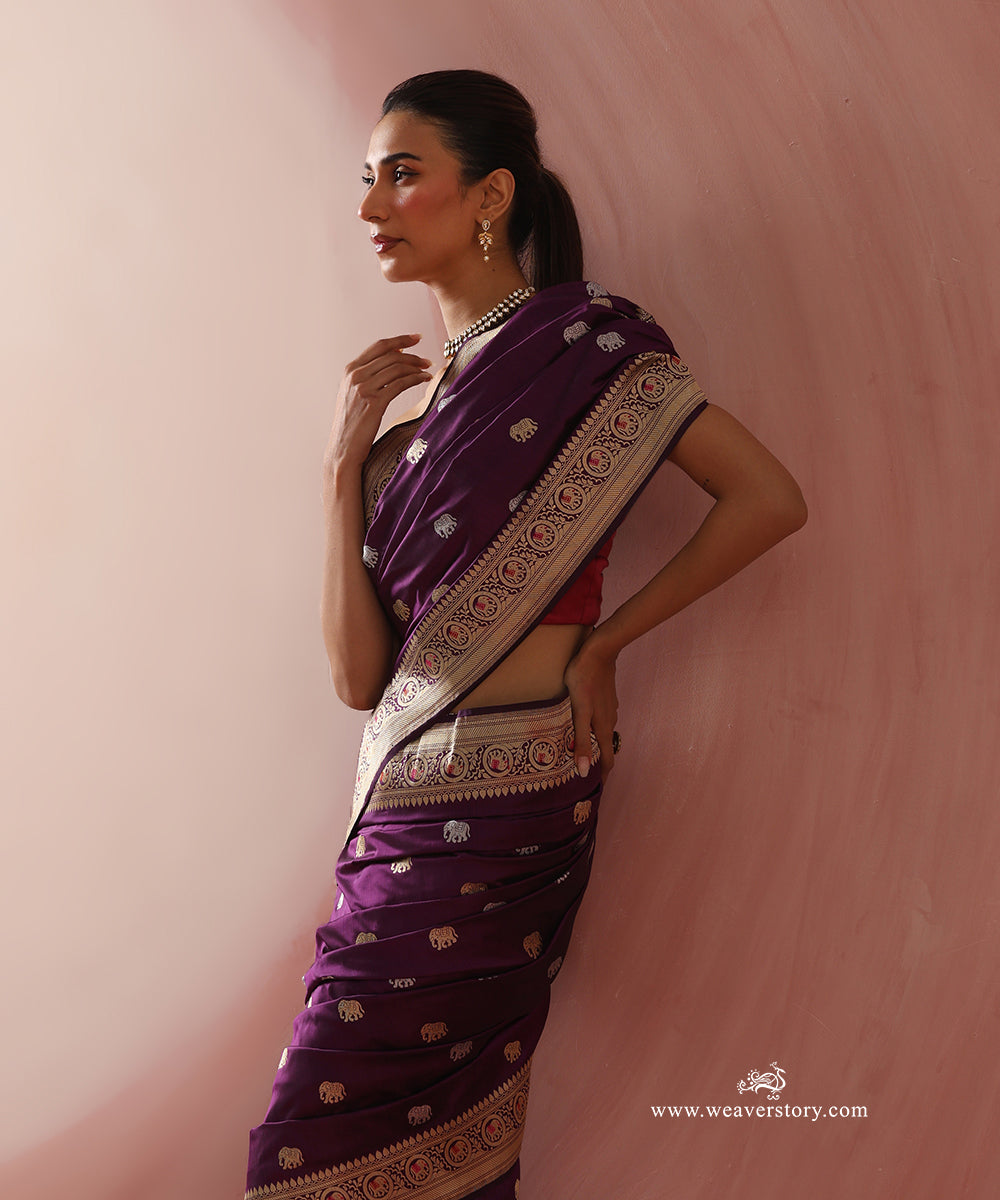Purple_Handloom_Pure_Katan_Silk_Banarasi_Kadhwa_Saree_With_Elephant_Booti_And_Pink_Meena_WeaverStory_02