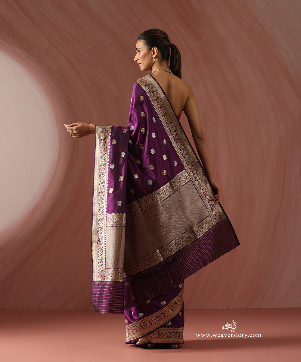 Purple_Handloom_Pure_Katan_Silk_Banarasi_Kadhwa_Saree_With_Elephant_Booti_And_Pink_Meena_WeaverStory_03