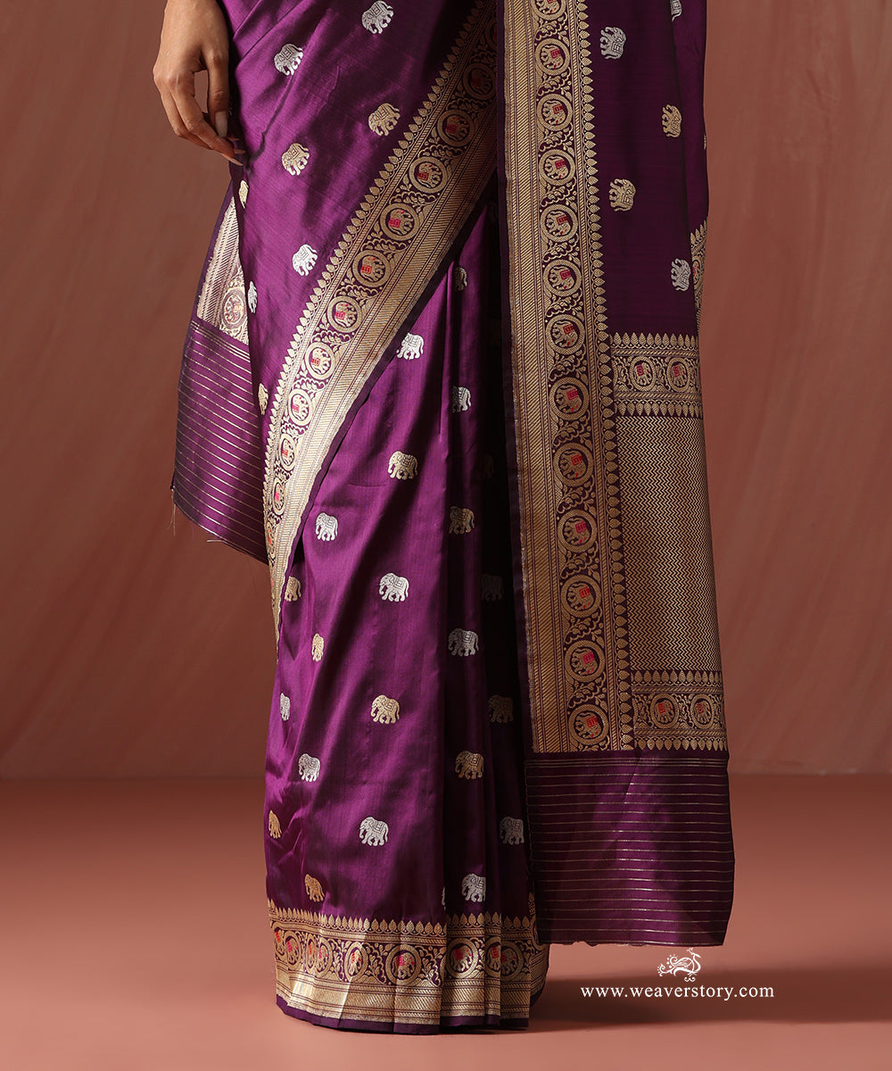 Purple_Handloom_Pure_Katan_Silk_Banarasi_Kadhwa_Saree_With_Elephant_Booti_And_Pink_Meena_WeaverStory_04