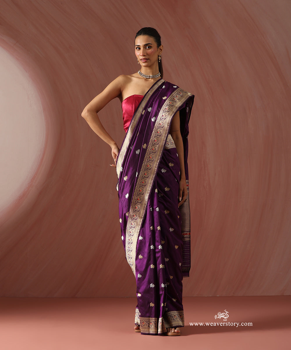 Purple_Handloom_Pure_Katan_Silk_Banarasi_Kadhwa_Saree_With_Rabbit_Booti_And_Meenakar_Elephant_On_Border_WeaverStory_01