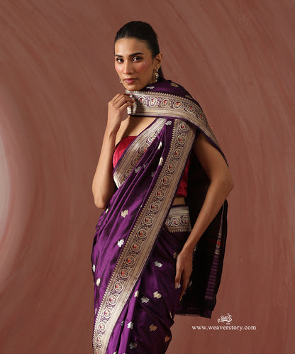Purple_Handloom_Pure_Katan_Silk_Banarasi_Kadhwa_Saree_With_Rabbit_Booti_And_Meenakar_Elephant_On_Border_WeaverStory_02
