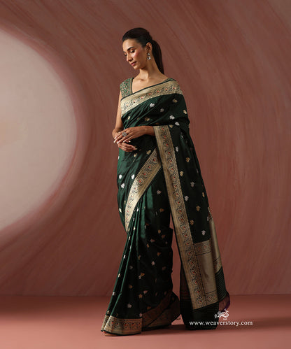 Bottle_Green_Handloom_Pure_Katan_Silk_Banarasi_Kadhwa_Rabbit_Booti_Saree_With_Meenakar_Elephant_On_Border_WeaverStory_01