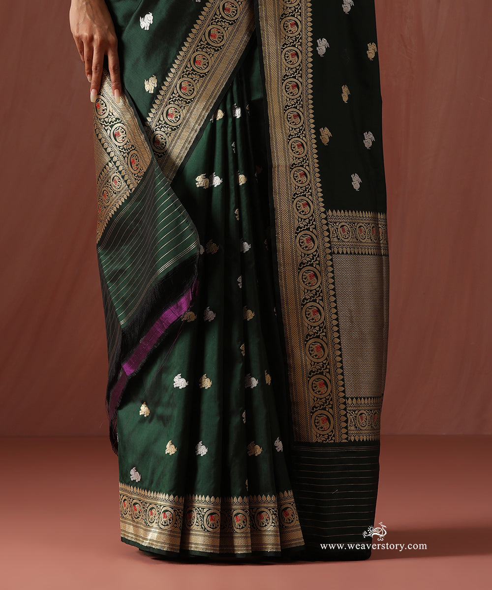 Bottle_Green_Handloom_Pure_Katan_Silk_Banarasi_Kadhwa_Rabbit_Booti_Saree_With_Meenakar_Elephant_On_Border_WeaverStory_04