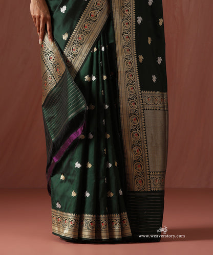 Bottle_Green_Handloom_Pure_Katan_Silk_Banarasi_Kadhwa_Rabbit_Booti_Saree_With_Meenakar_Elephant_On_Border_WeaverStory_04