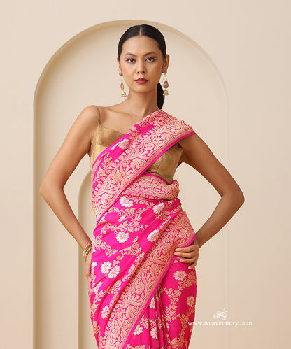 Pink_Handloom_Pure_Georgette_Banarasi_Kadhwa_Flower_Jaal_Saree_With_Sona_Zari_Border_WeaverStory_02