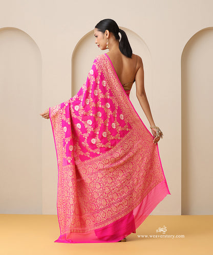 Pink_Handloom_Pure_Georgette_Banarasi_Kadhwa_Flower_Jaal_Saree_With_Sona_Zari_Border_WeaverStory_03
