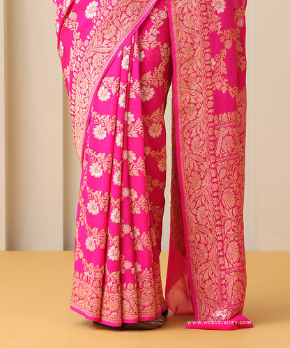 Pink_Handloom_Pure_Georgette_Banarasi_Kadhwa_Flower_Jaal_Saree_With_Sona_Zari_Border_WeaverStory_04