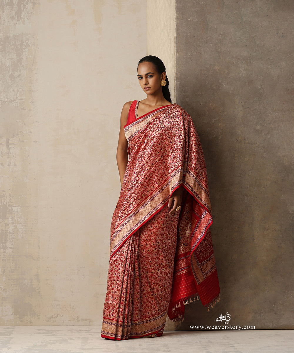 Vaidehi — Red Handloom Real Zari Banarasi Saree in Pure Katan Silk With Peacock &amp;amp; Elephant Motifs