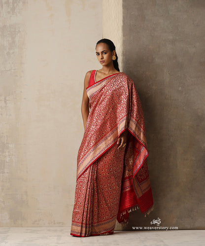 Vaidehi — Red Handloom Real Zari Banarasi Saree in Pure Katan Silk With Peacock &amp;amp; Elephant Motifs