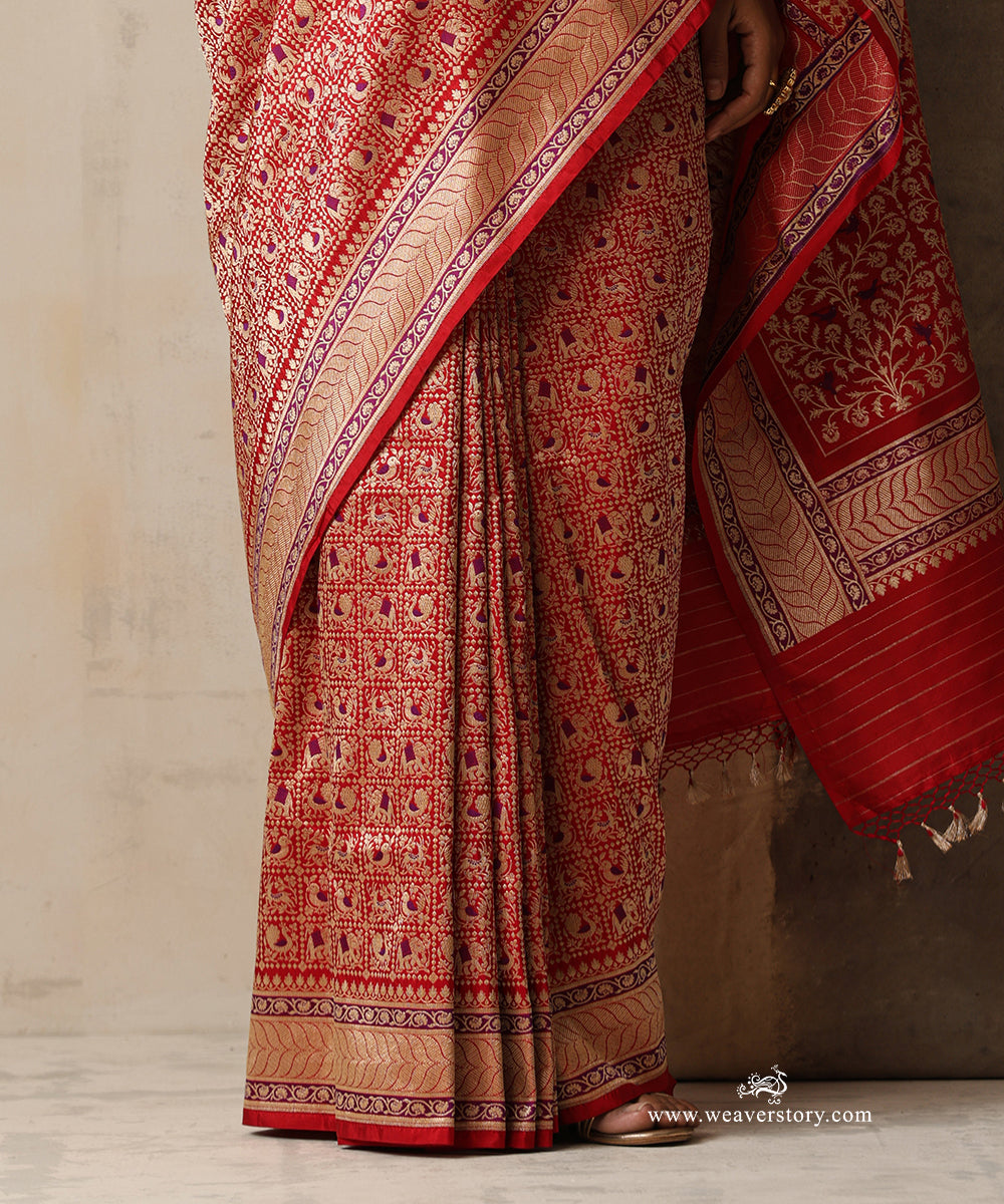 Vaidehi — Red Handloom Real Zari Banarasi Saree in Pure Katan Silk With Peacock &amp;amp; Elephant Motifs