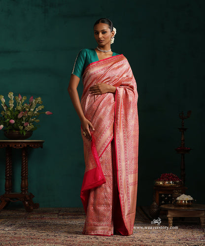 Handloom_Pink_Real_Zari_Pure_Katan_Silk_Square_Pattern_Banarasi_Saree_With_Leaf_And_Flowers_Motifs_WeaverStory_02