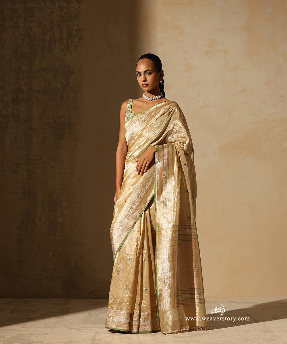 Gold Handloom Pure Tissue Silk Banarasi Saree With Small Parrot Motifs With Pista Meenakari And Selvedge
