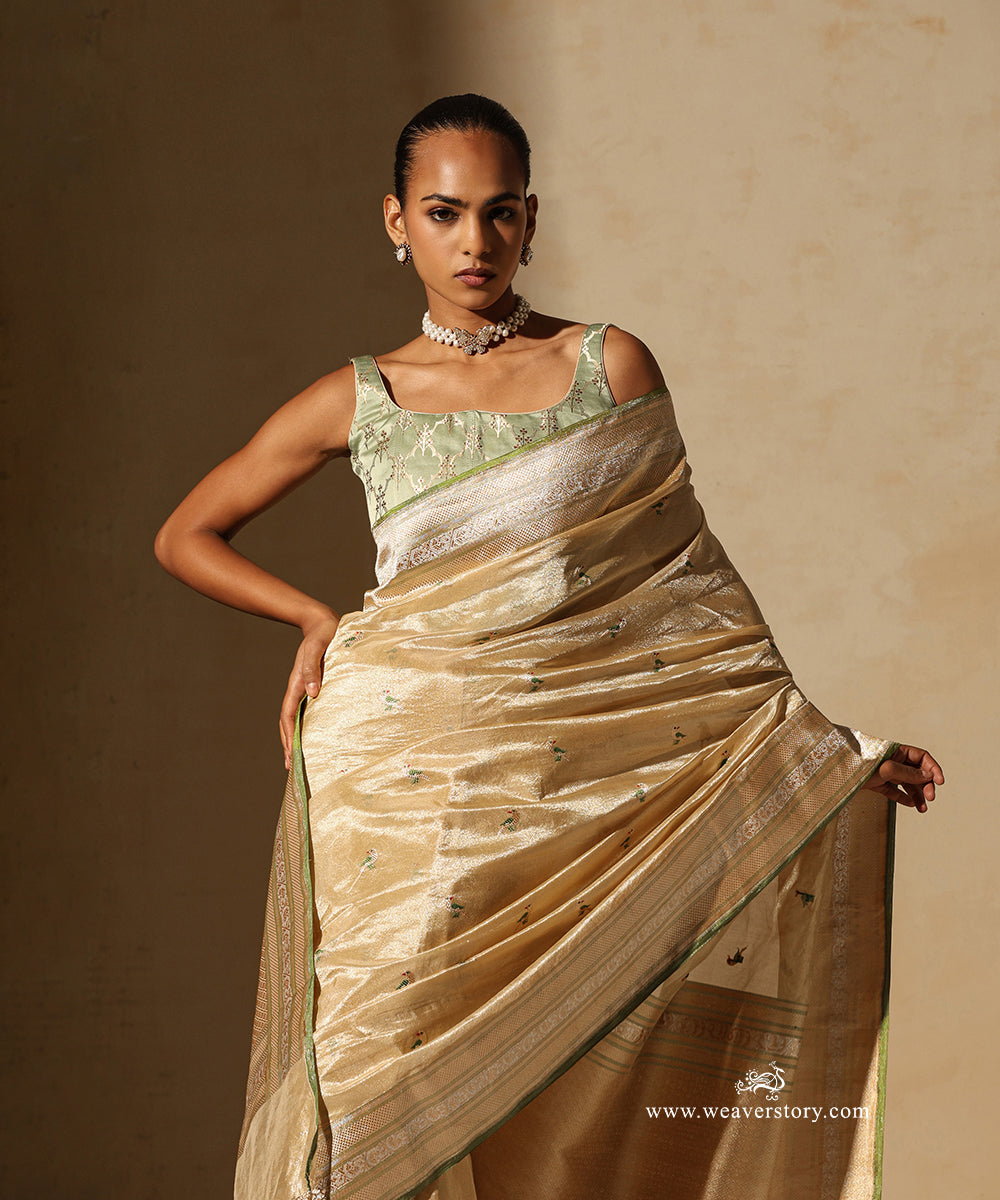 Gold Handloom Pure Tissue Silk Banarasi Saree With Small Parrot Motifs With Pista Meenakari And Selvedge