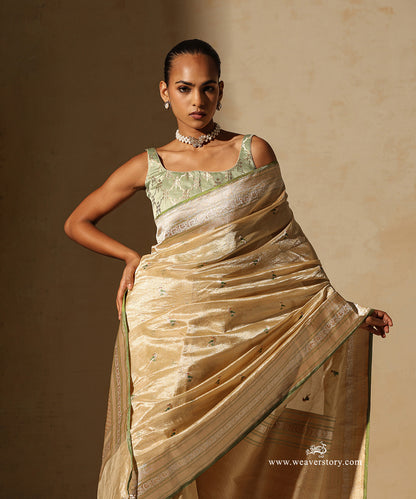 Gold Handloom Pure Tissue Silk Banarasi Saree With Small Parrot Motifs With Pista Meenakari And Selvedge
