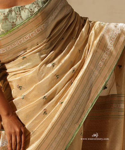 Gold Handloom Pure Tissue Silk Banarasi Saree With Small Parrot Motifs With Pista Meenakari And Selvedge