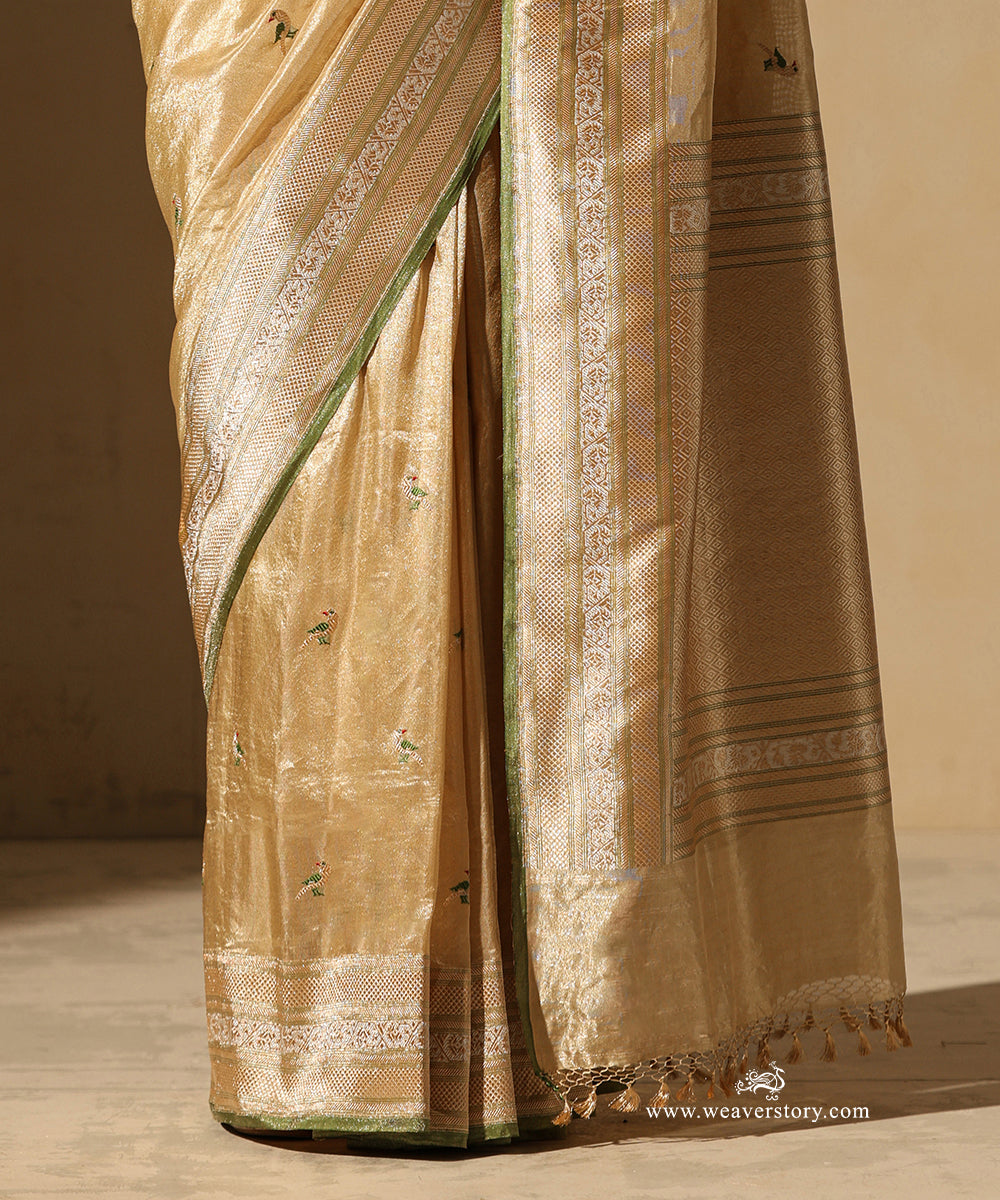 Gold Handloom Pure Tissue Silk Banarasi Saree With Small Parrot Motifs With Pista Meenakari And Selvedge