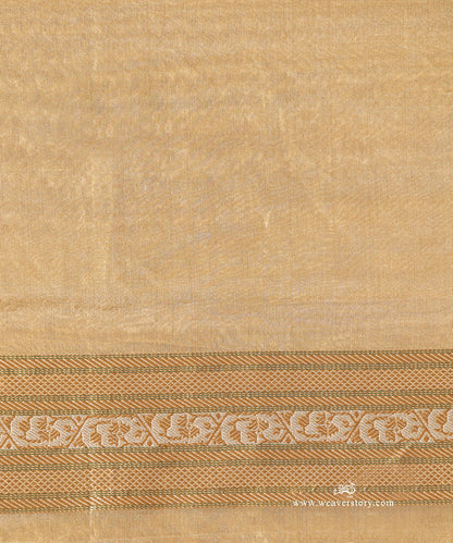 Gold Handloom Pure Tissue Silk Banarasi Saree With Small Parrot Motifs With Pista Meenakari And Selvedge