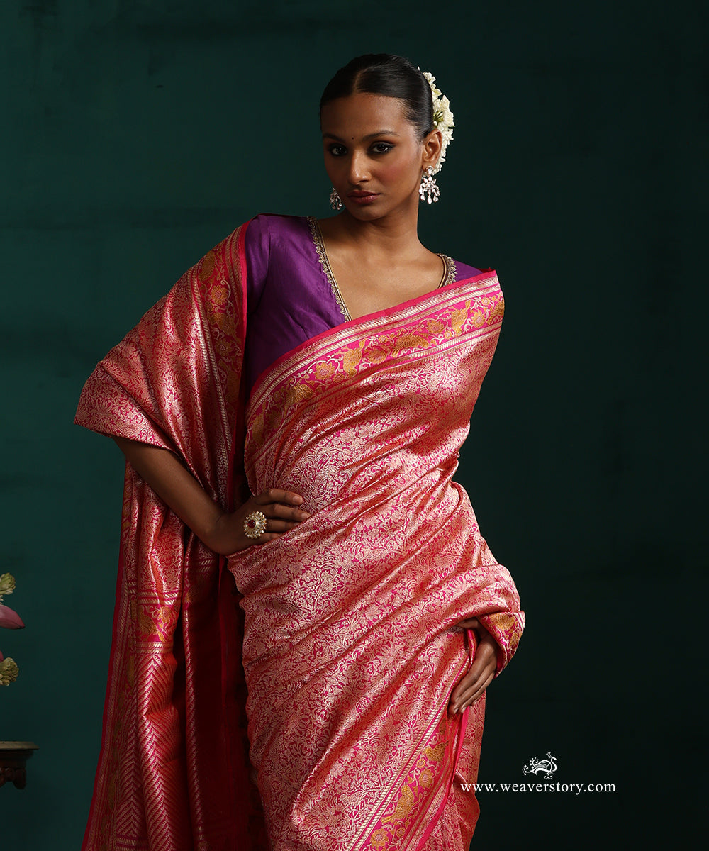 Pink_Handloom_Pure_Katan_Silk_Real_Zari_Shikargah_Banarasi_Saree_With_Mustard_Meena_Birds_On_Border_WeaverStory_01
