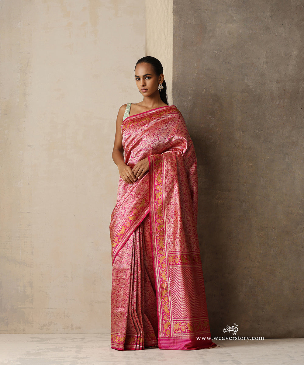 Charumati — Pink Handloom Real Zari Banarasi Shikargah Saree With Meenakari Birds