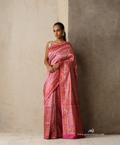 Charumati — Pink Handloom Real Zari Banarasi Shikargah Saree With Meenakari Birds