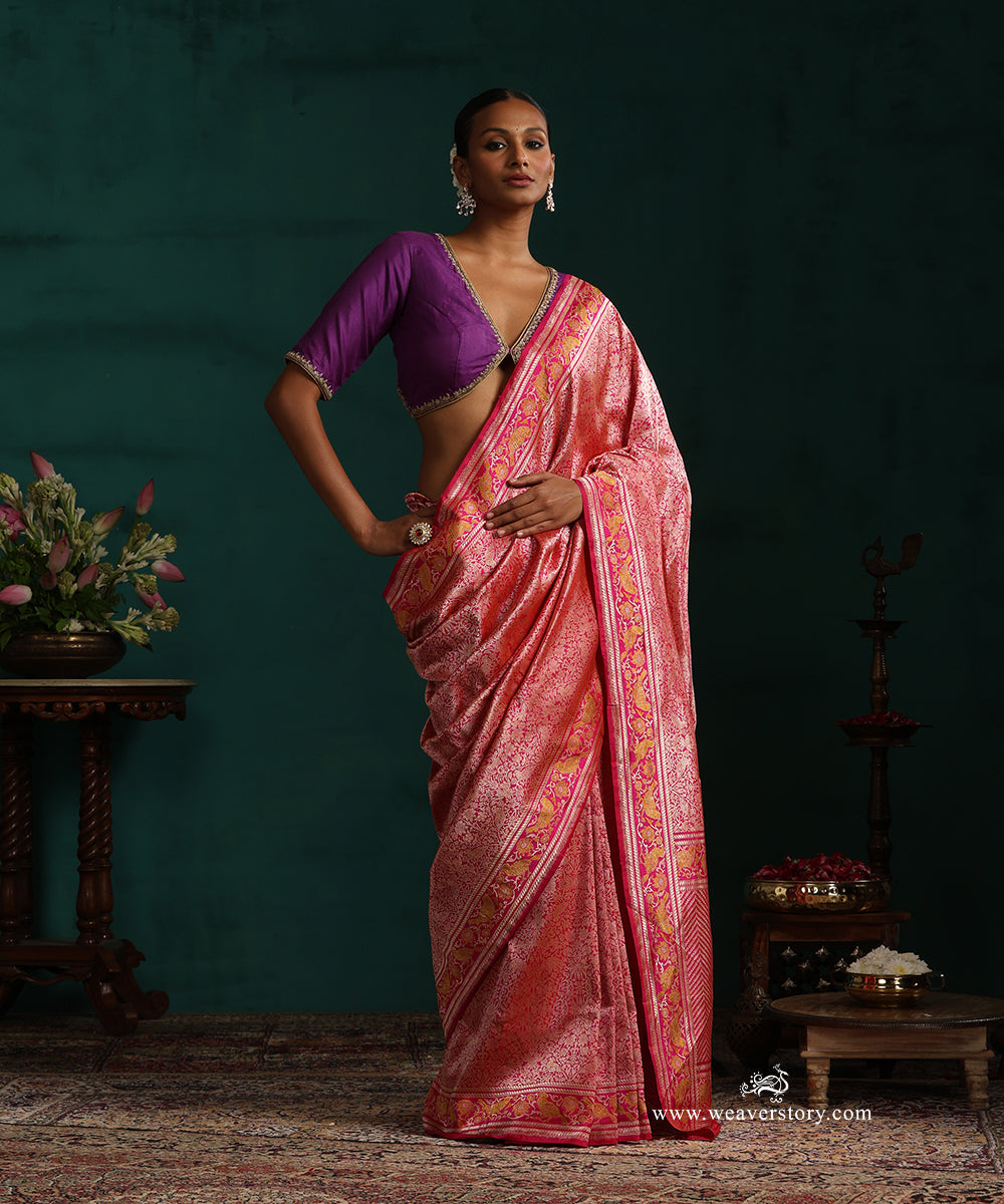 Pink_Handloom_Pure_Katan_Silk_Real_Zari_Shikargah_Banarasi_Saree_With_Mustard_Meena_Birds_On_Border_WeaverStory_02