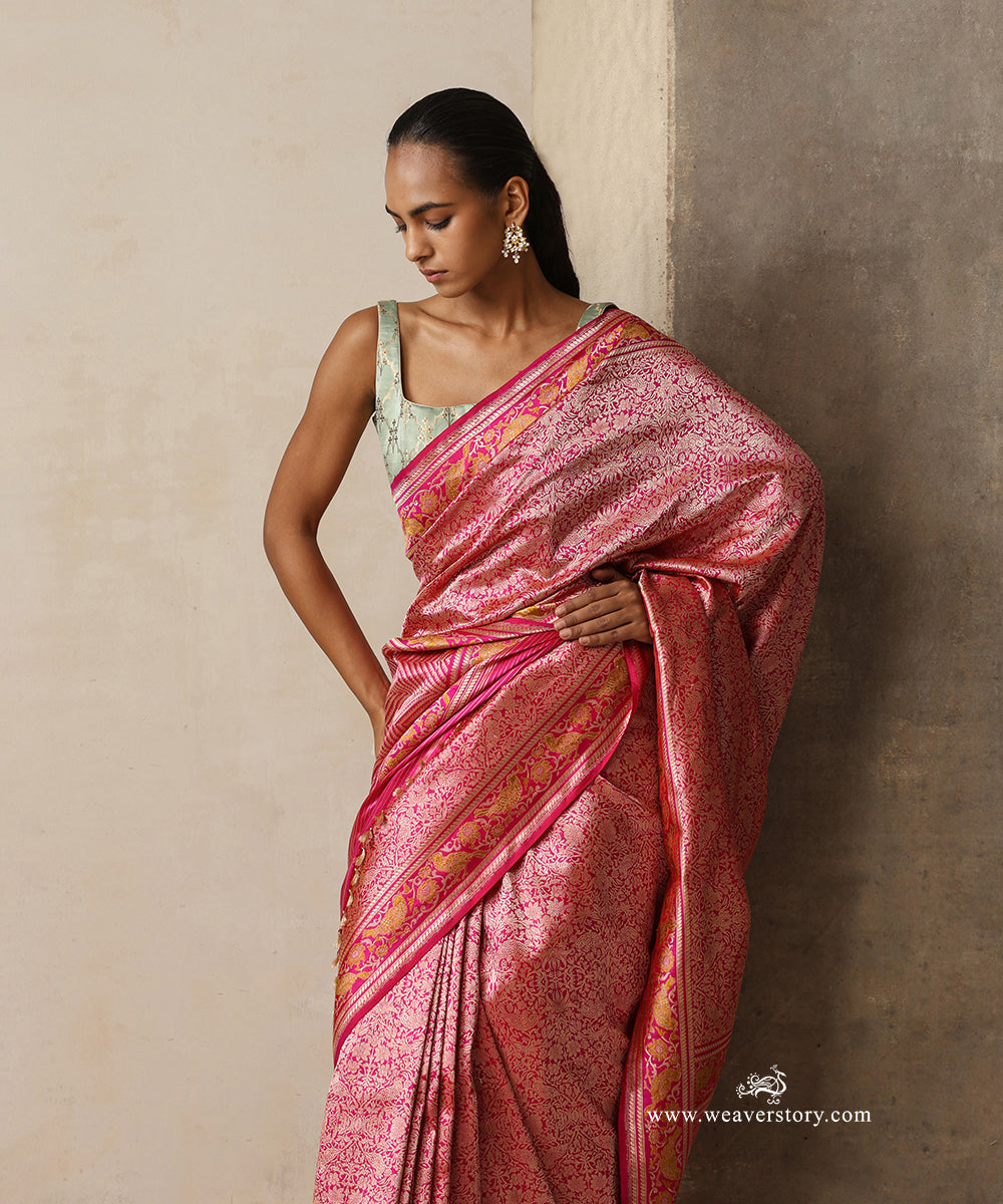 Charumati — Pink Handloom Real Zari Banarasi Shikargah Saree With Meenakari Birds